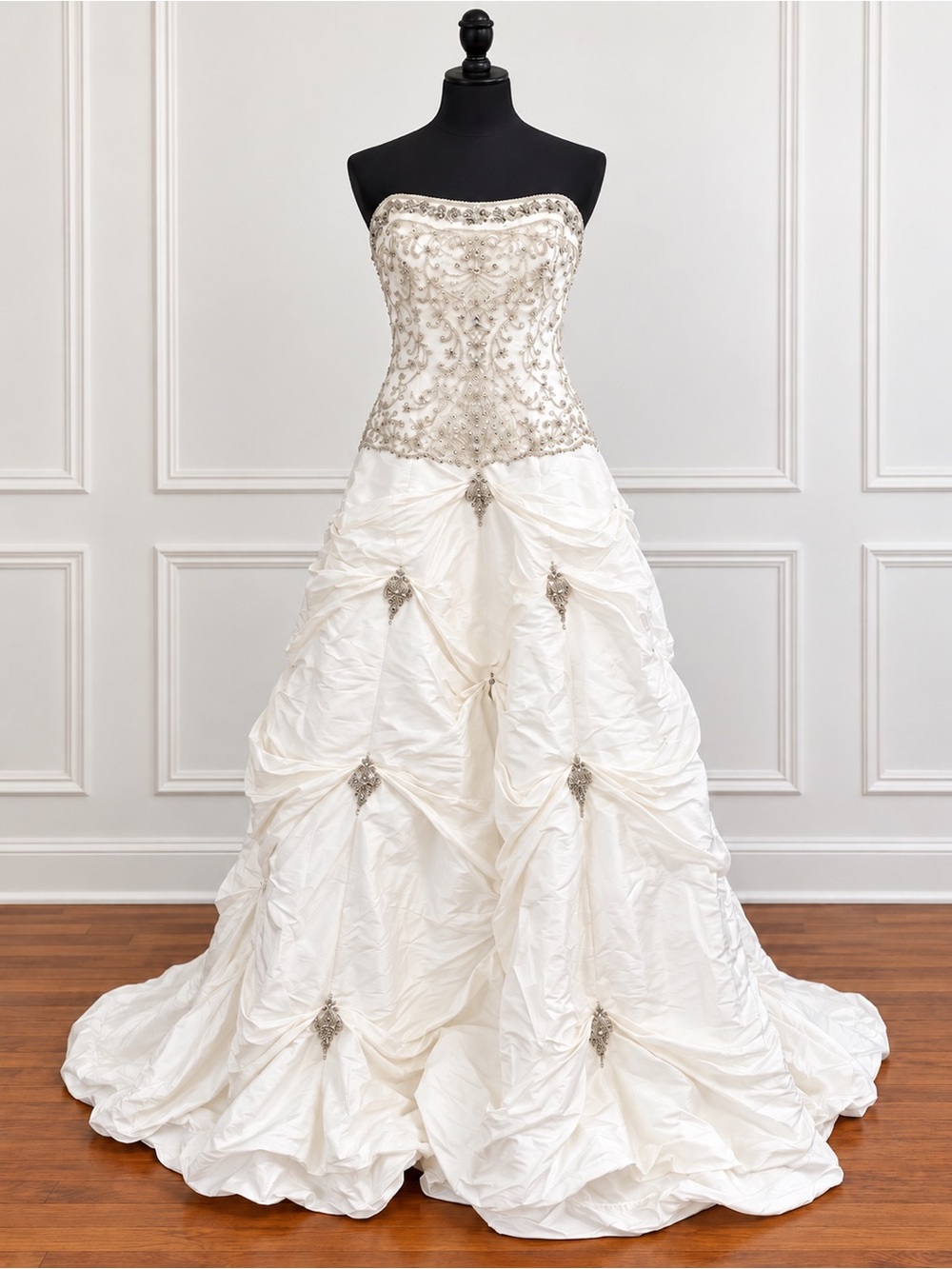Strapless Ivory Beaded Ball Gown Dress